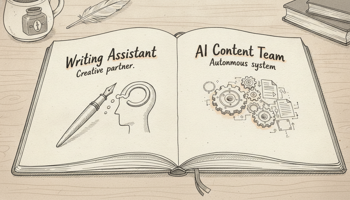 A hand-drawn comparison sketch between an AI Content Team and a Writing Assistant on a designer's notebook page.