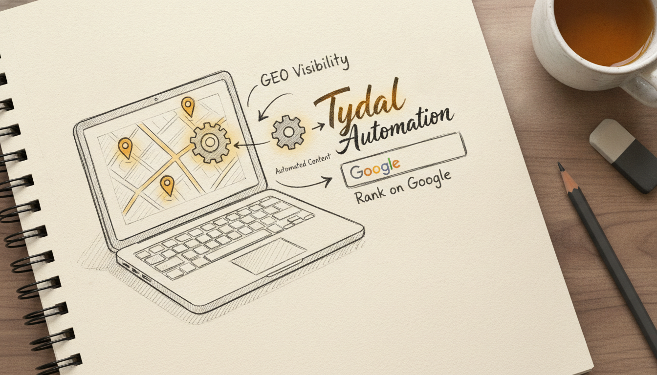 A hand-drawn sketch showing automated SEO content and local visibility concepts for Tydal.