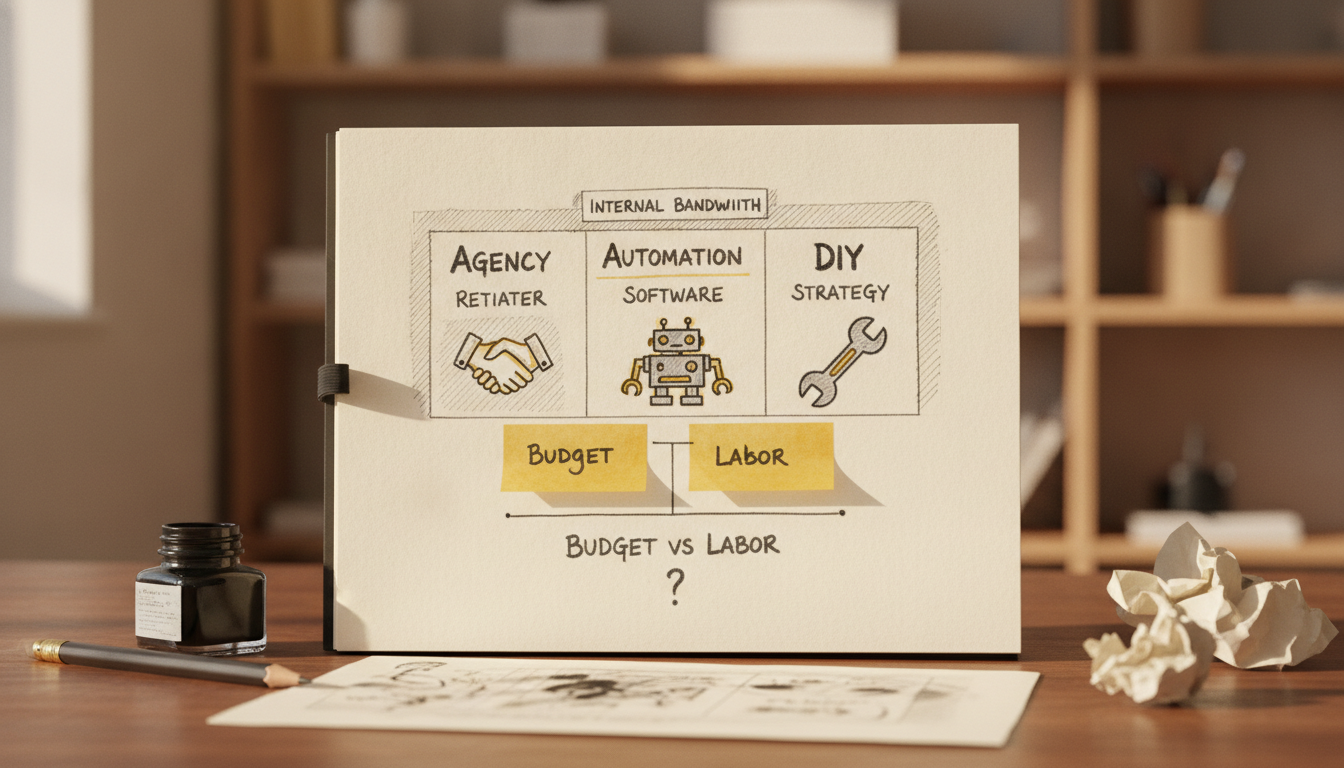 A hand-drawn comparison chart in a notebook showing the choice between SEO agencies, automation, and DIY.