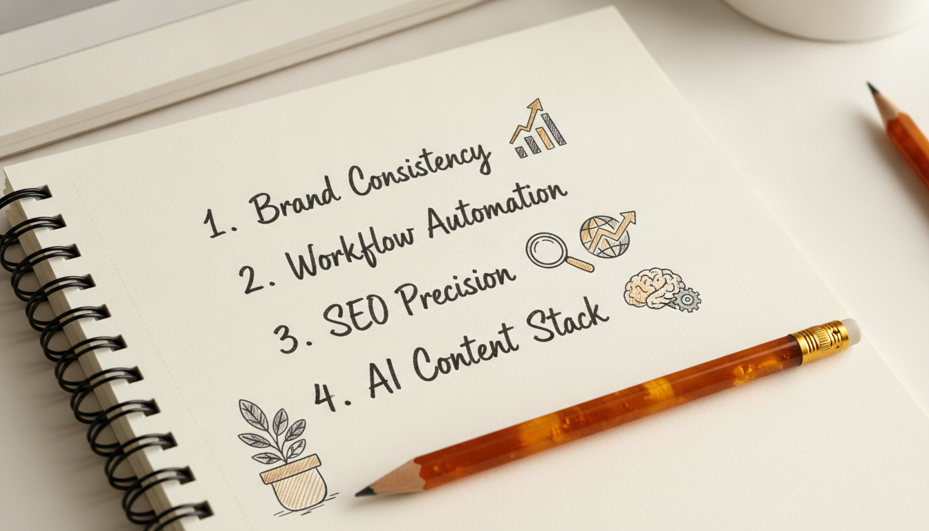 Hand-drawn checklist illustration for choosing an AI content stack on cream paper.