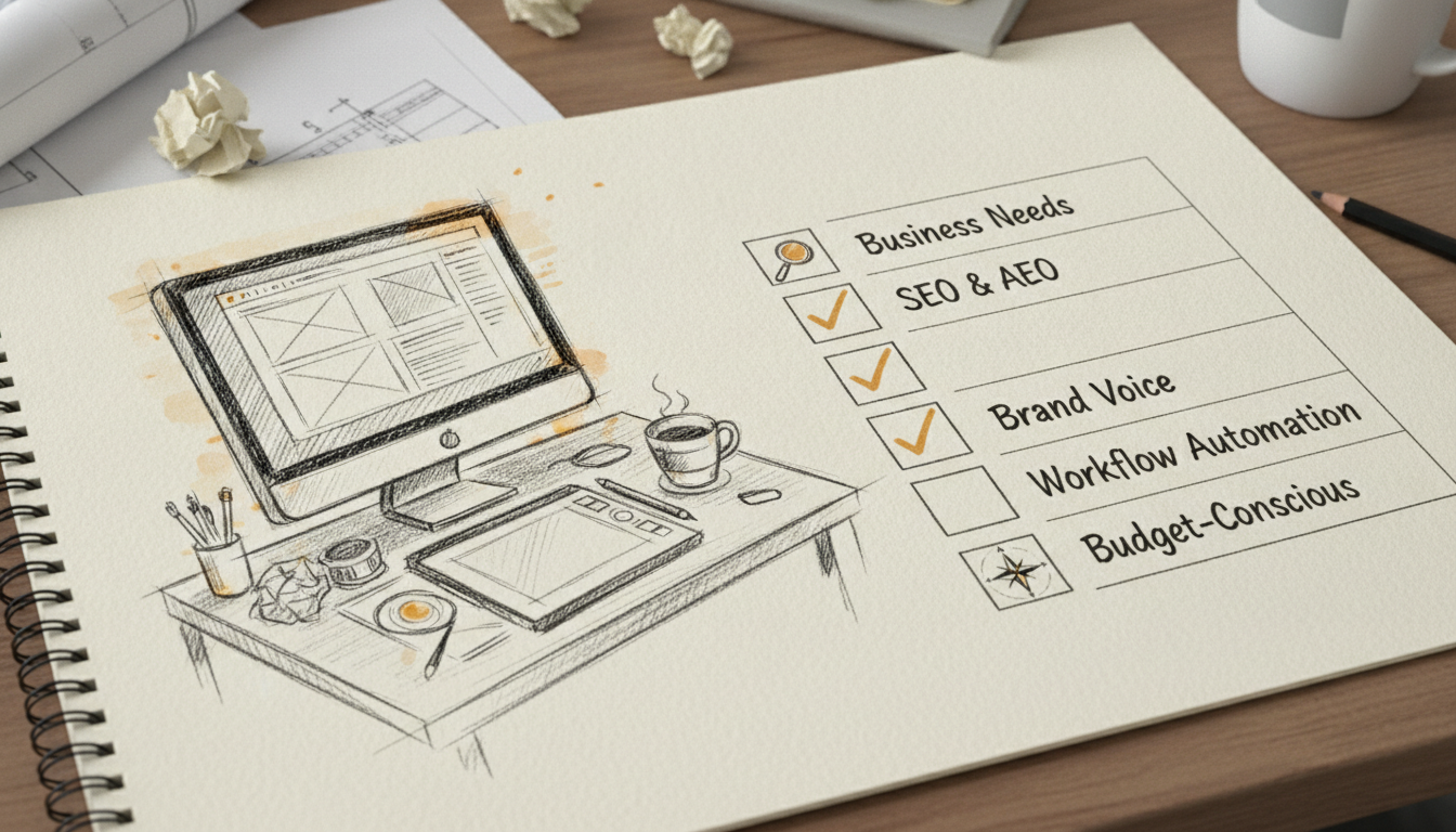 A hand-drawn checklist illustrating factors for choosing an AI content generator.