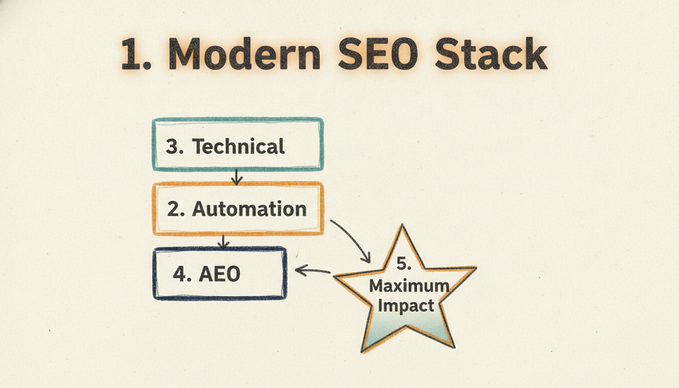 Hand-drawn infographic showing the components of a modern SEO stack for 2026.