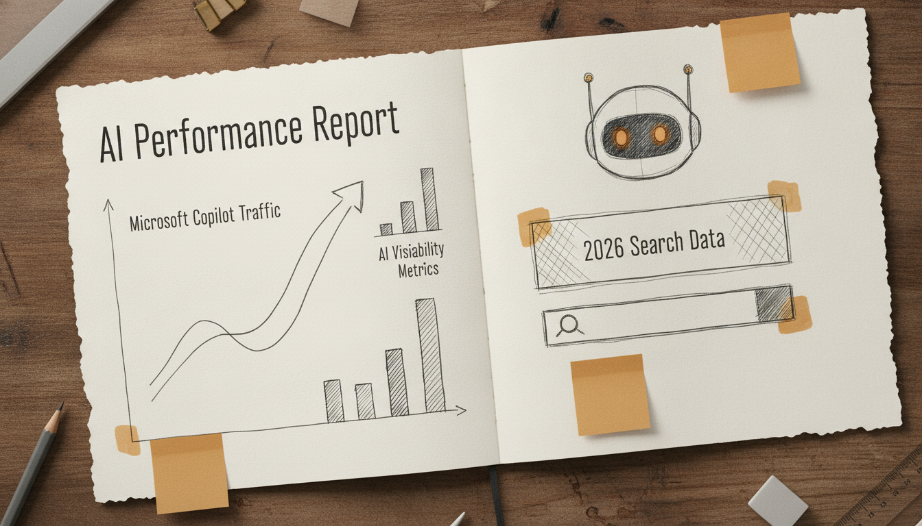 Sketch of an AI performance dashboard with charts and sticky notes in a notebook.