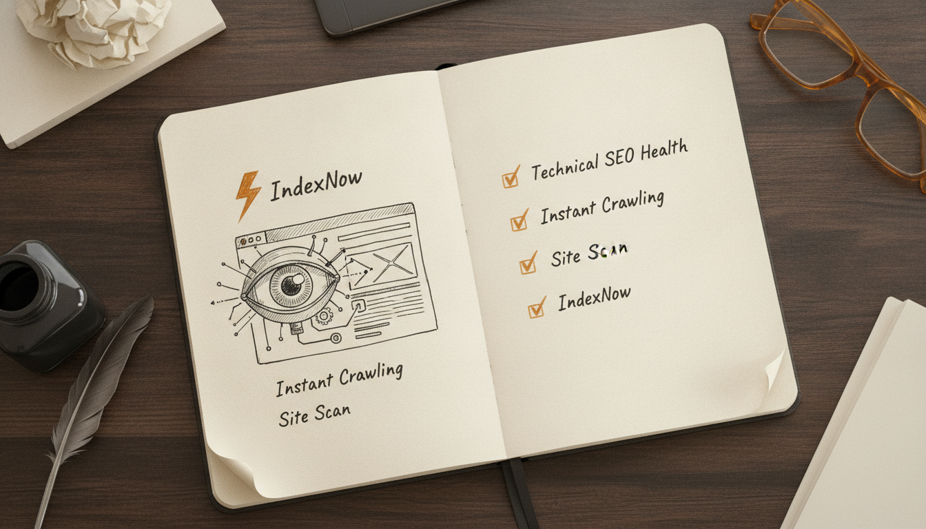 Technical sketch of IndexNow and Site Scan features in a hand-drawn notebook style.