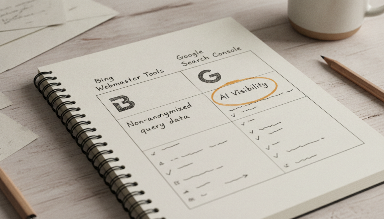 Hand-drawn comparison chart between Bing Webmaster Tools and Google Search Console.