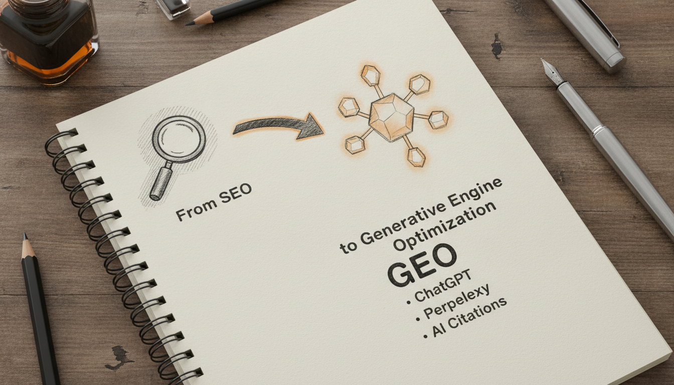 A conceptual sketch illustrating the transition from SEO to Generative Engine Optimization.