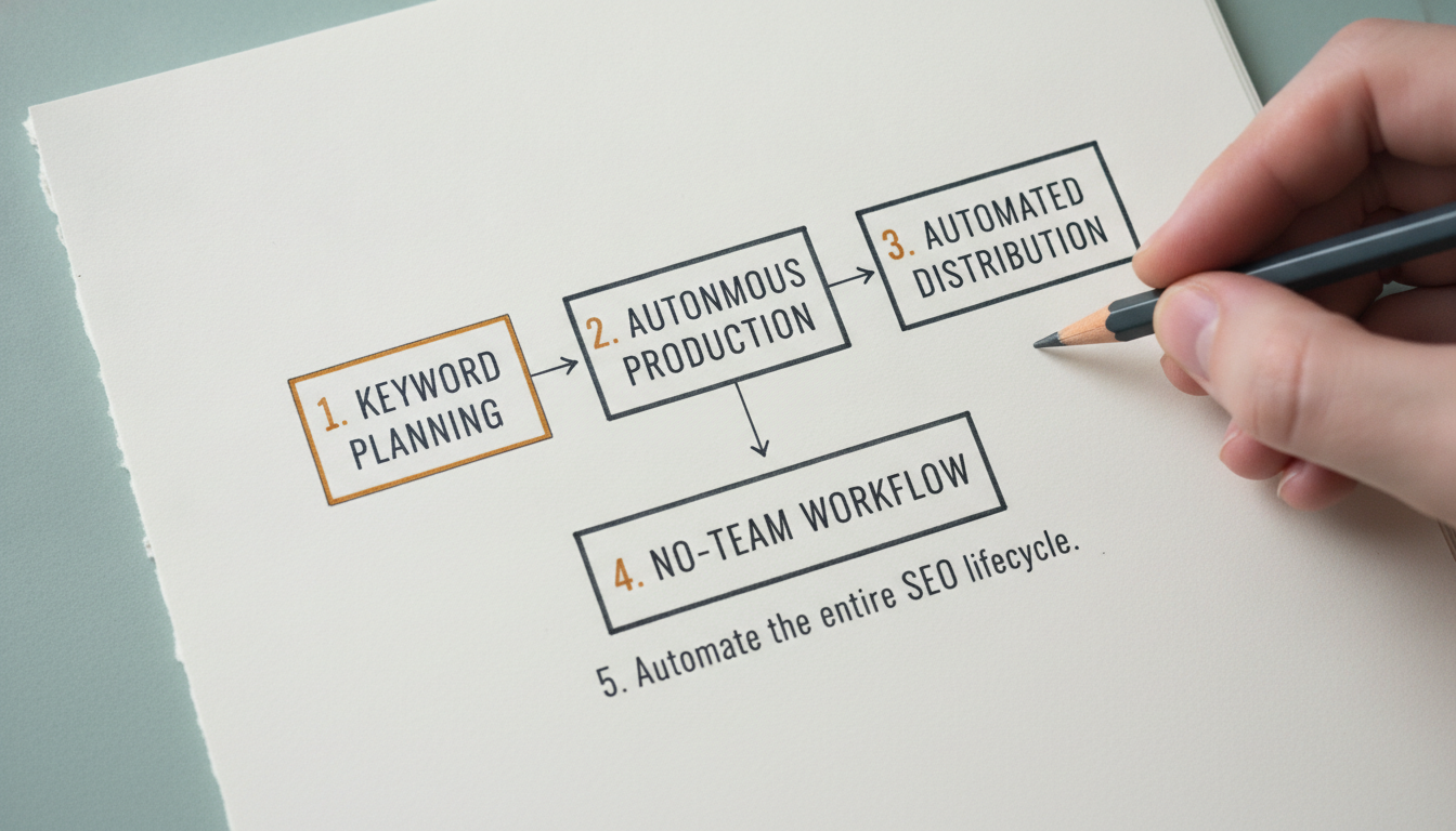 A hand-drawn infographic flowchart showing the autonomous no-team content creation process.