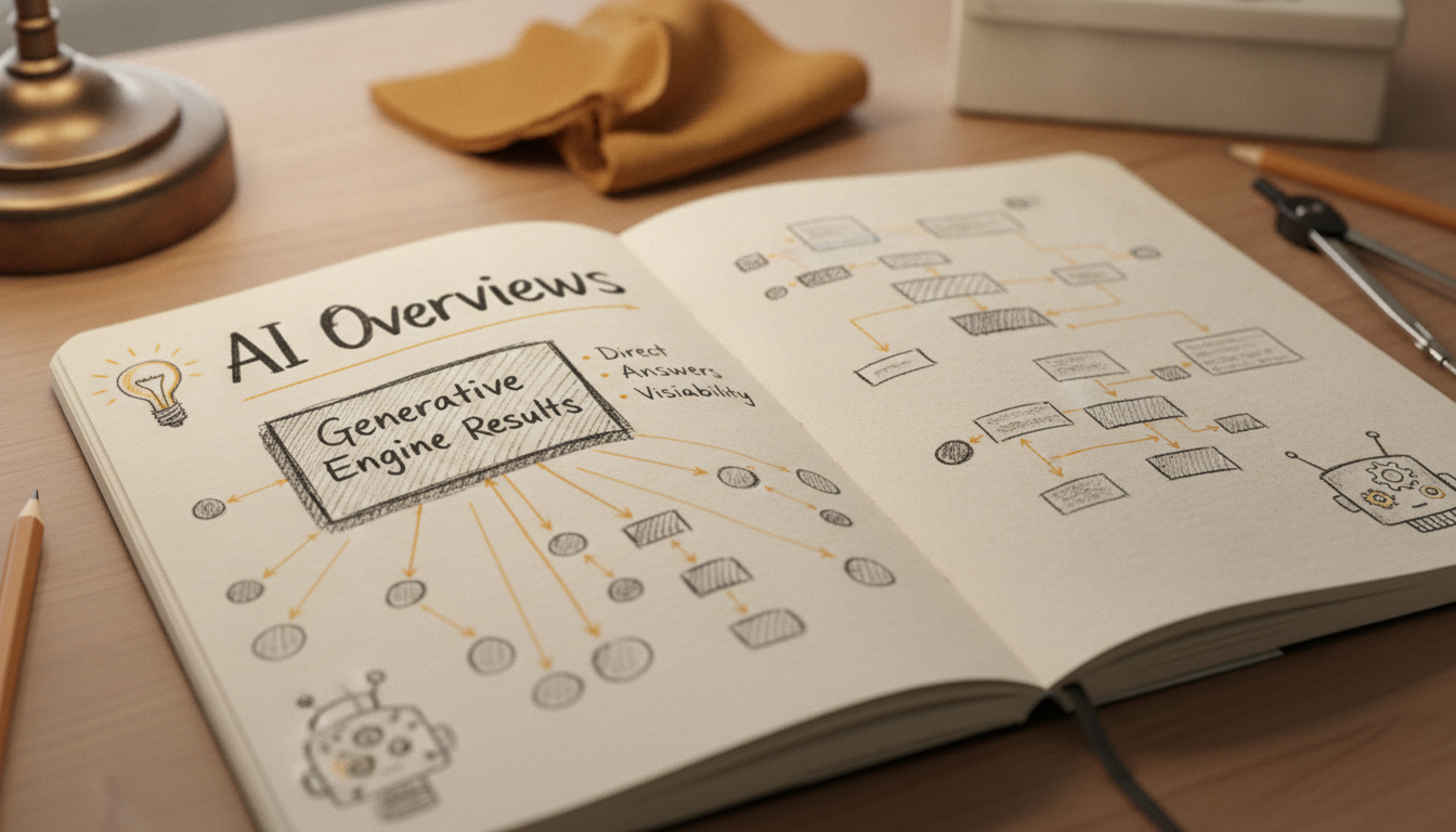 Sketch of a search engine results page showing AI Overview optimization tactics.