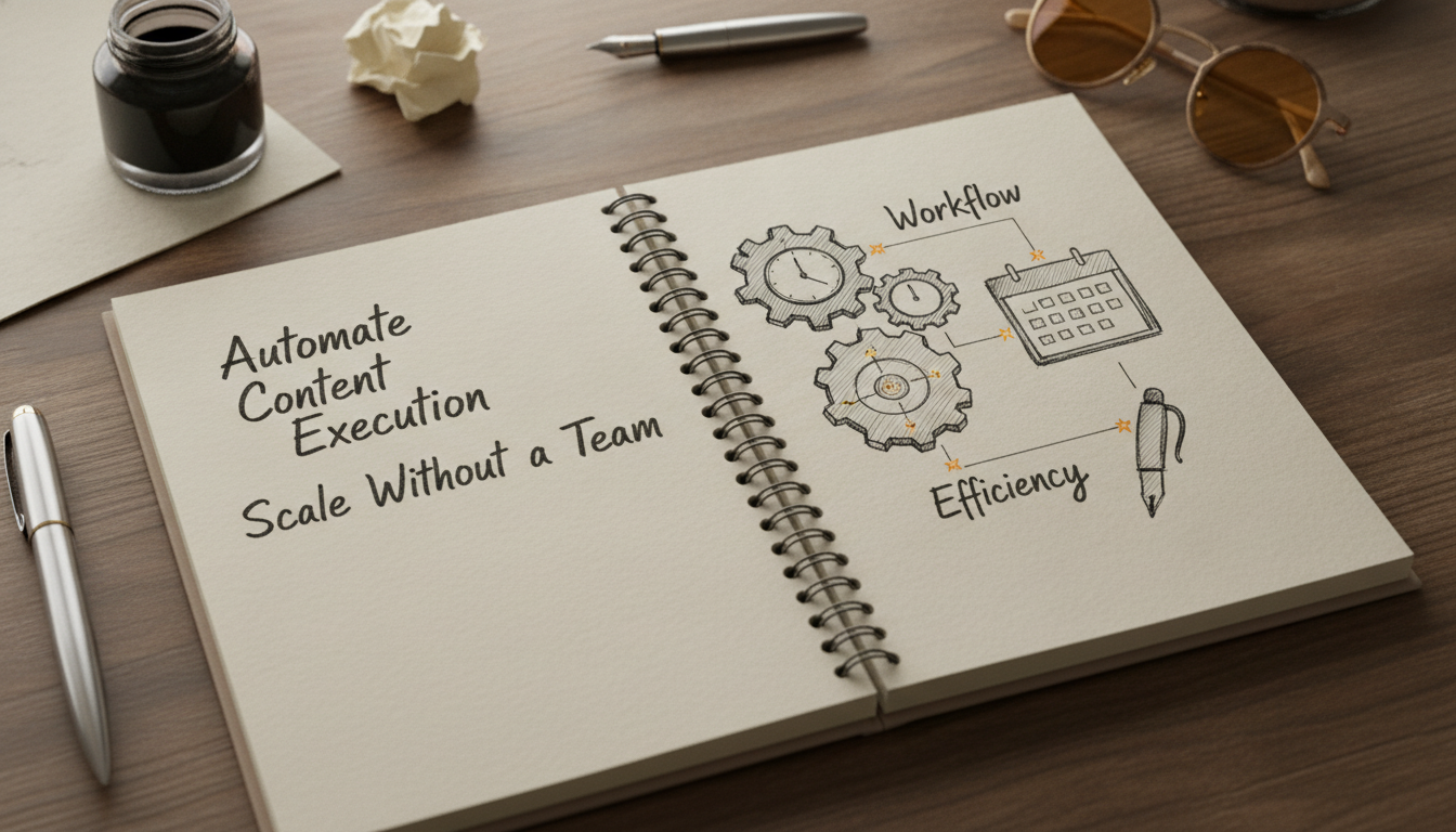 Hand-drawn illustration of a content automation workflow for scaling SEO.