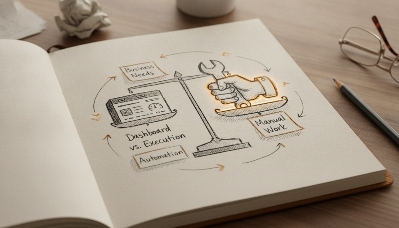 A hand-drawn comparison sketch between SEO dashboard metrics and actual task execution.