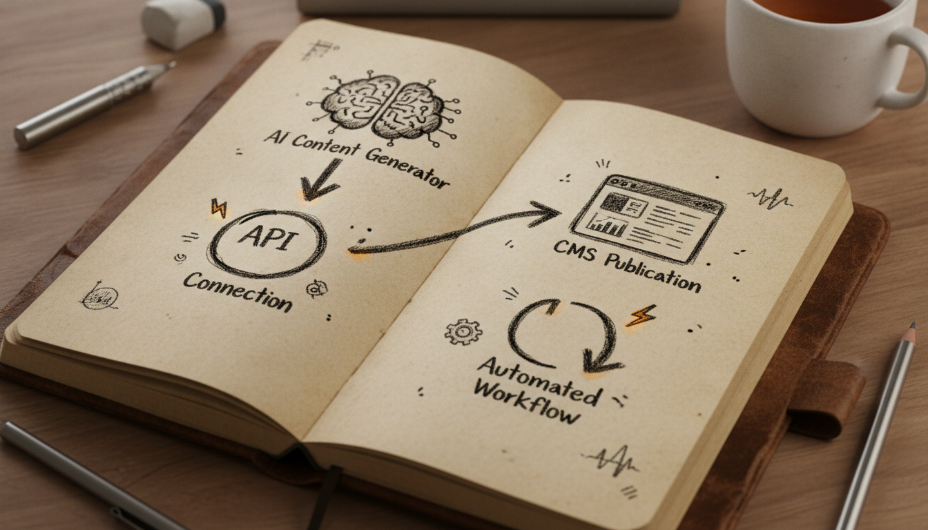 A hand-drawn conceptual sketch showing the pipeline between AI generation and CMS publication.