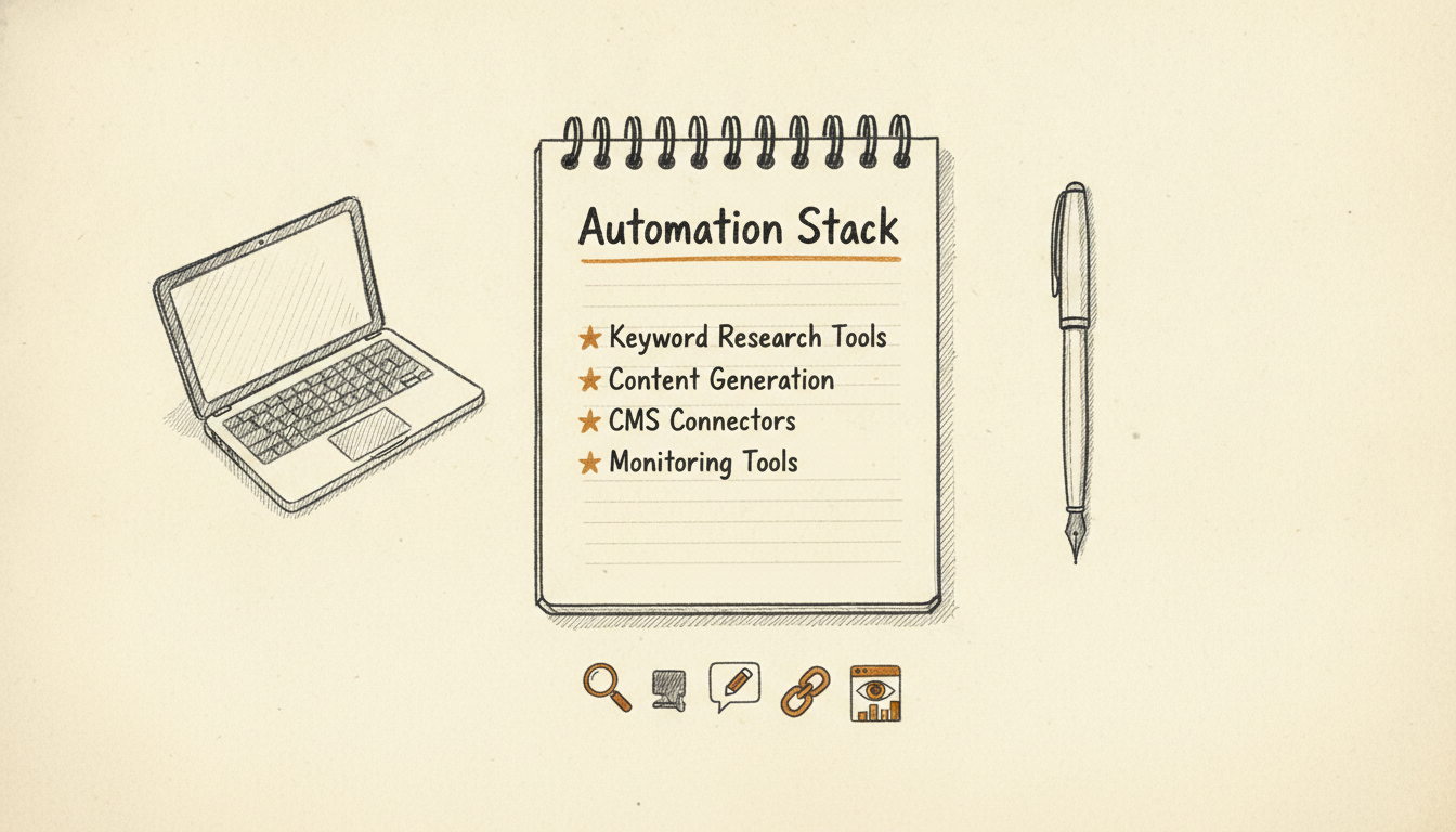 A sketch of a workspace showing a list of essential tools for an automation stack.