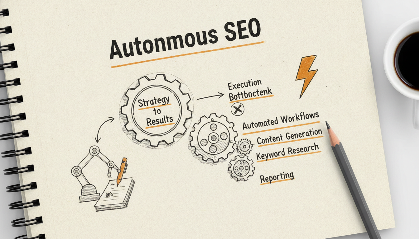 Sketch of autonomous SEO workflows and automation gears on a notebook page.