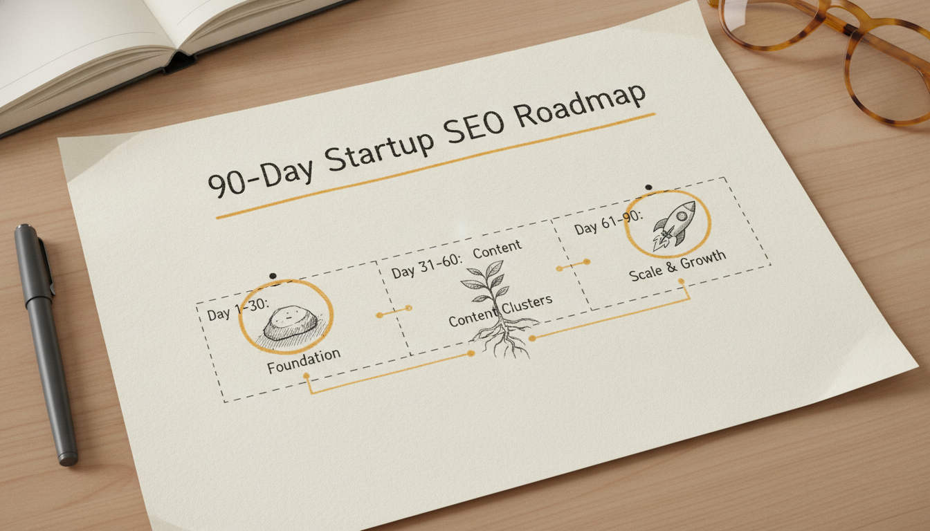 Hand-drawn 90-day startup SEO roadmap timeline with charcoal and amber accents.