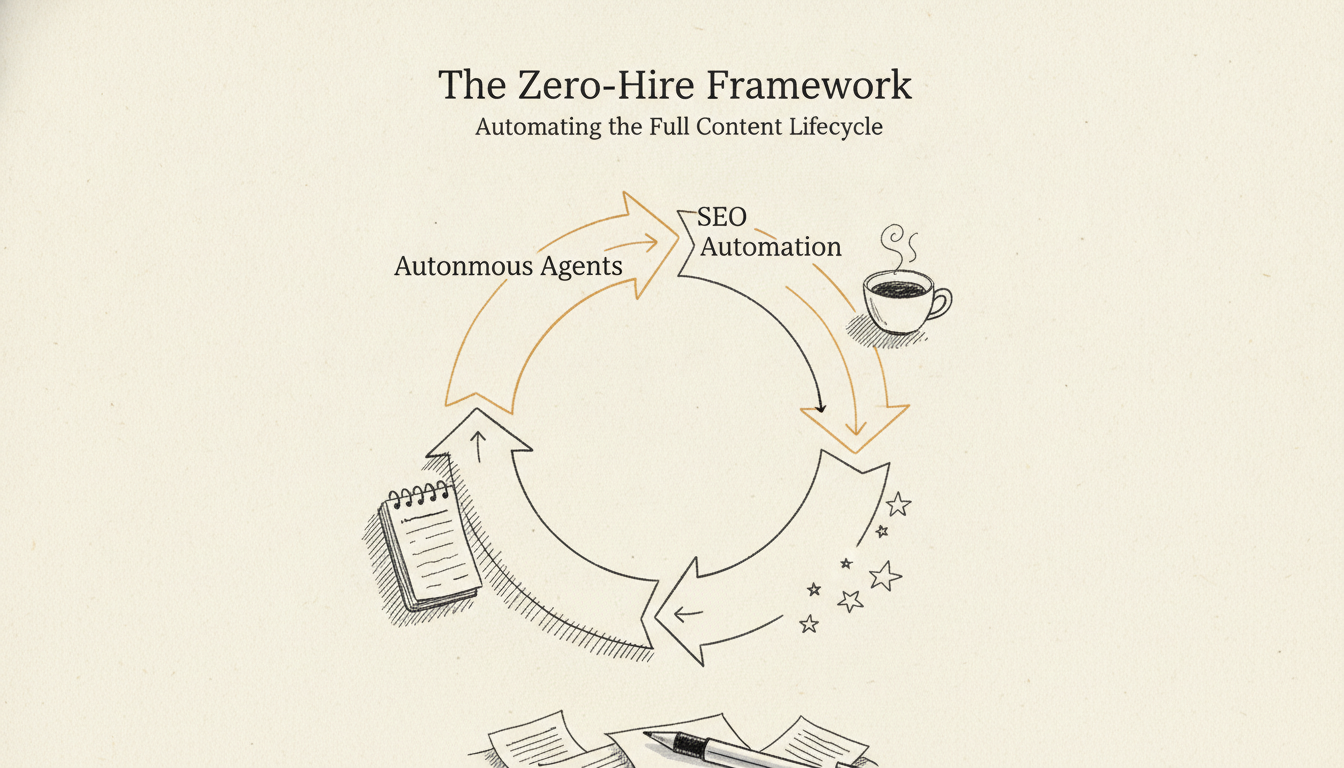 A hand-drawn sketch showing the zero-hire framework for automating the content lifecycle.