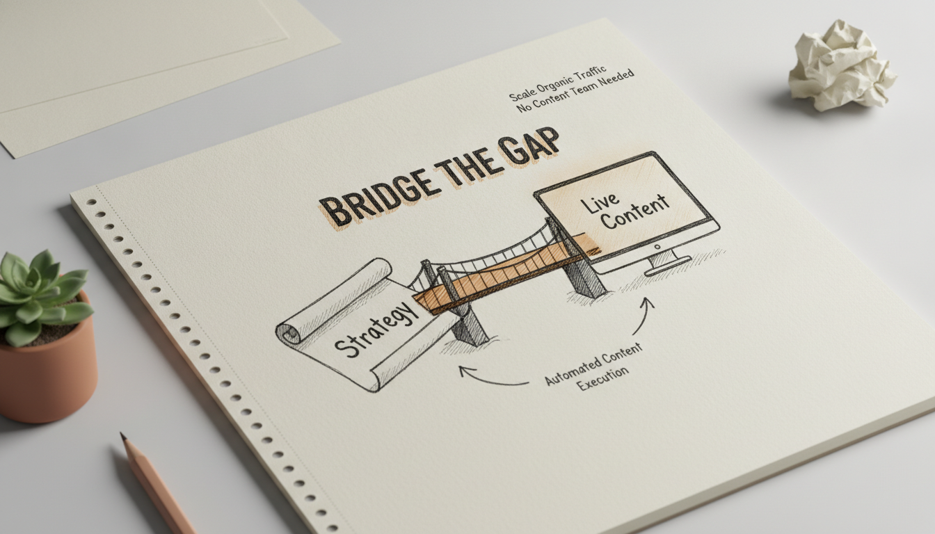 A hand-drawn sketch illustrating automated content execution bridging the gap between strategy and live traffic.