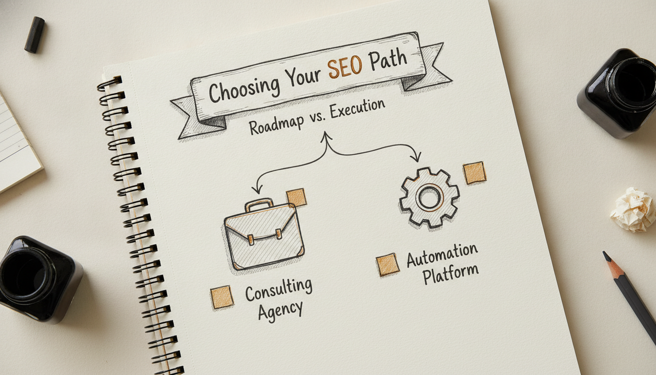 A notebook sketch comparing the choice between an SEO consulting agency and an automation platform.