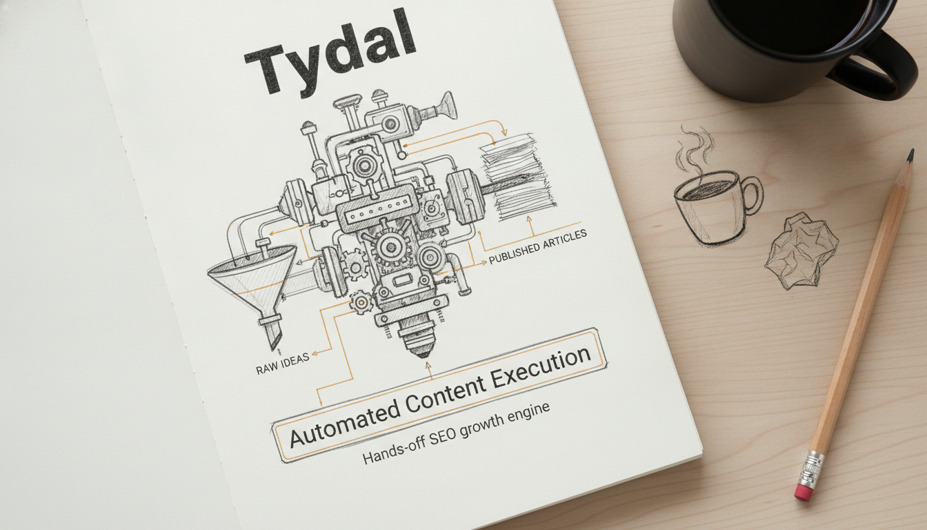 A hand-drawn notebook sketch illustrating Tydal's automated content execution engine.
