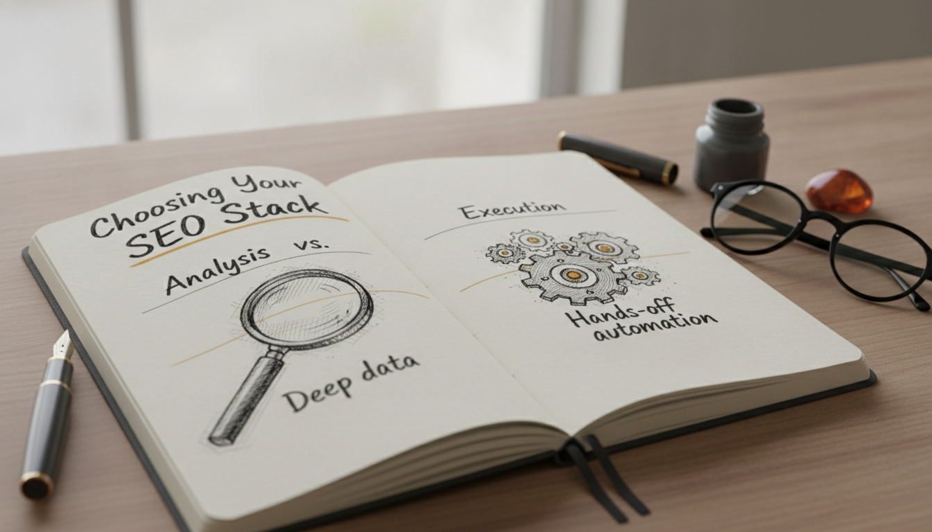 A hand-drawn comparison sketch showing the choice between analysis-heavy and execution-heavy SEO software.