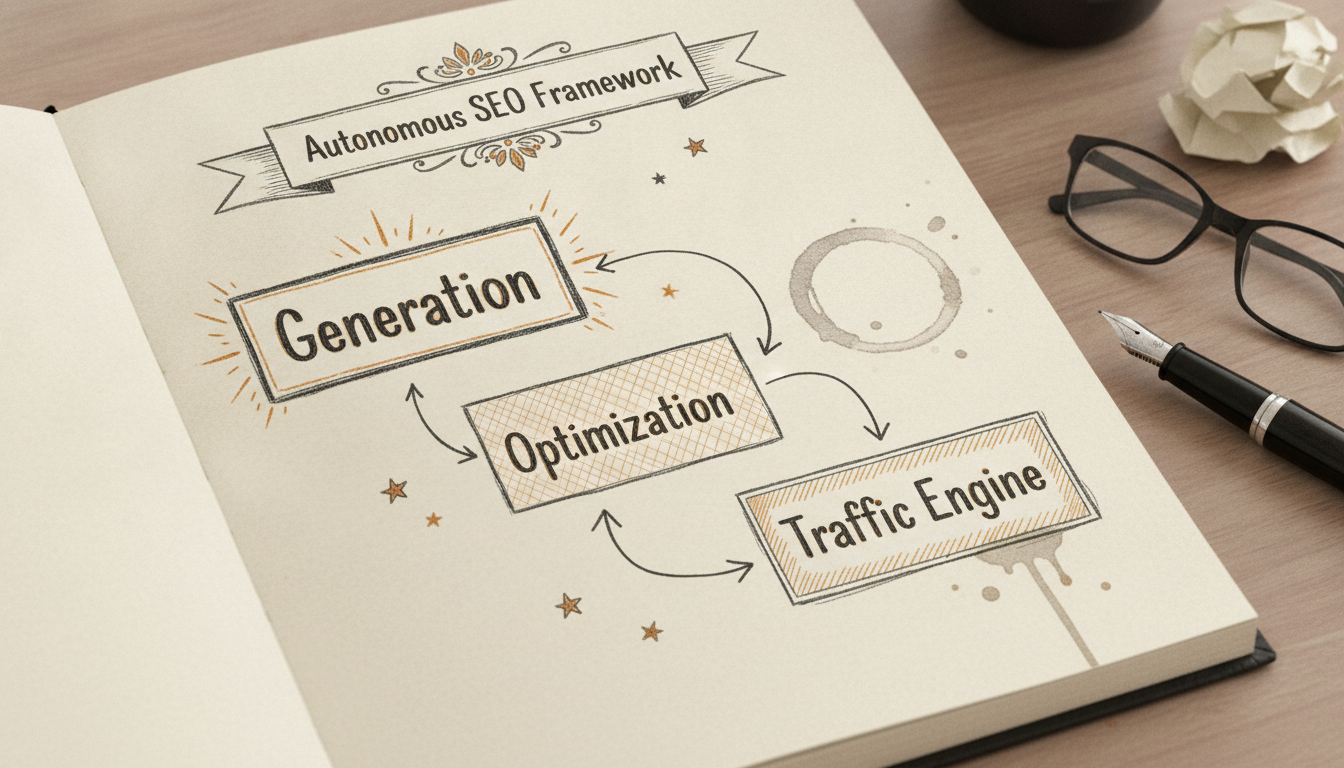 A hand-drawn flow chart showing the steps of an autonomous SEO framework from generation to traffic.
