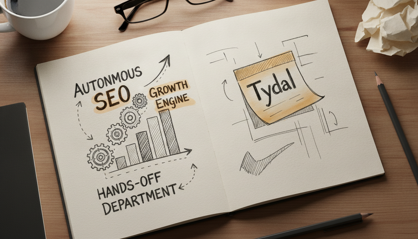 A hand-drawn sketch of an autonomous SEO growth engine with gears and graphs on a notebook page.
