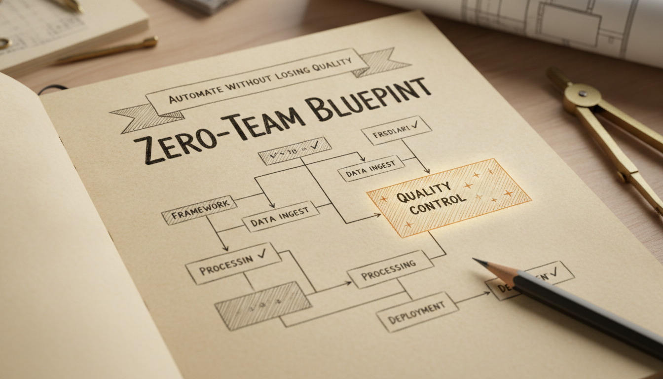 Hand-drawn blueprint sketch showing a framework for content automation without losing quality.