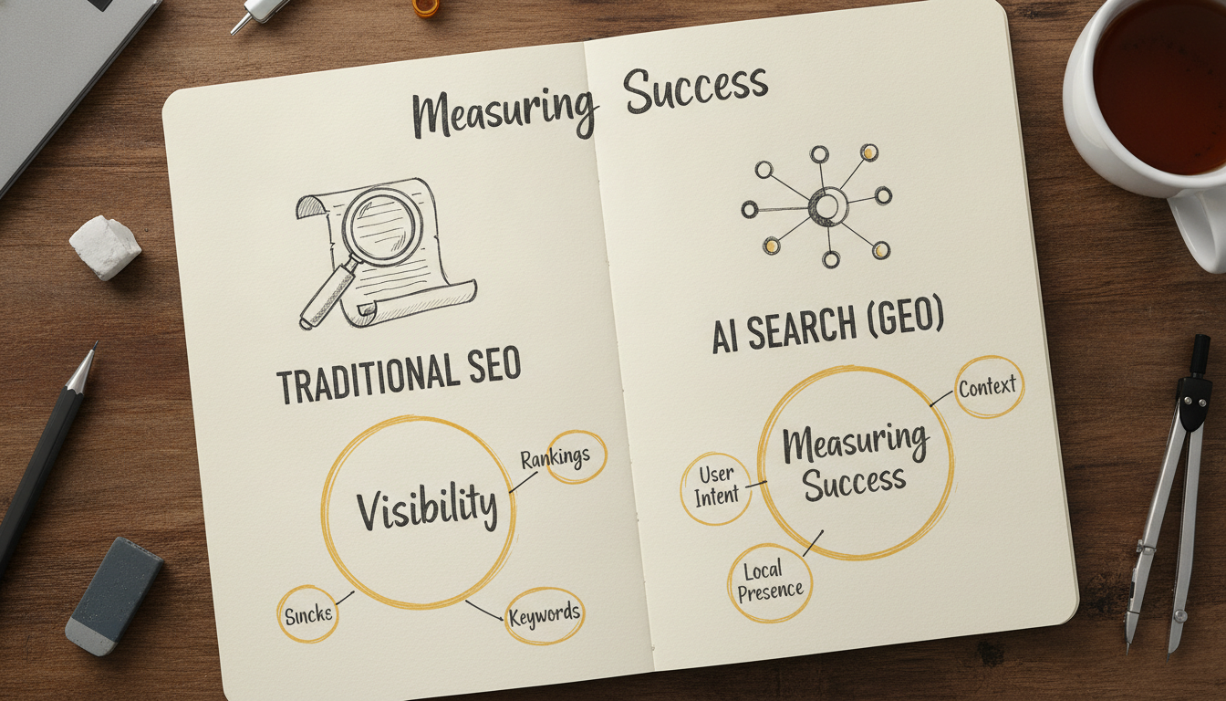 A hand-drawn comparison sketch between traditional SEO and AI search visibility metrics.