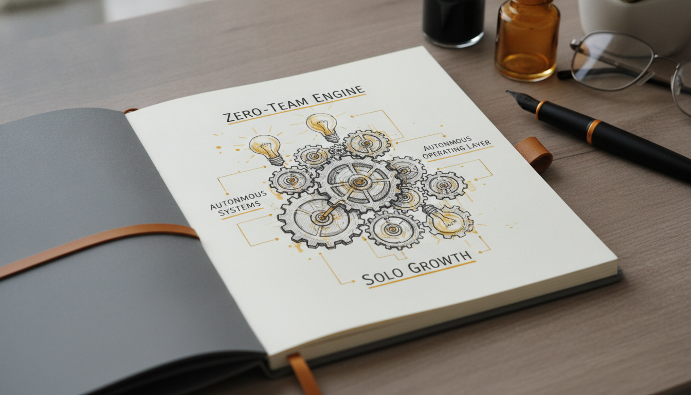 A hand-drawn sketch of a mechanical engine representing a zero-team content framework.
