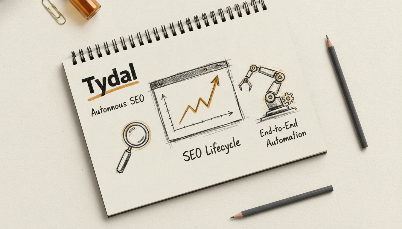 Hand-drawn illustration of SEO automation and growth charts in a notebook style.