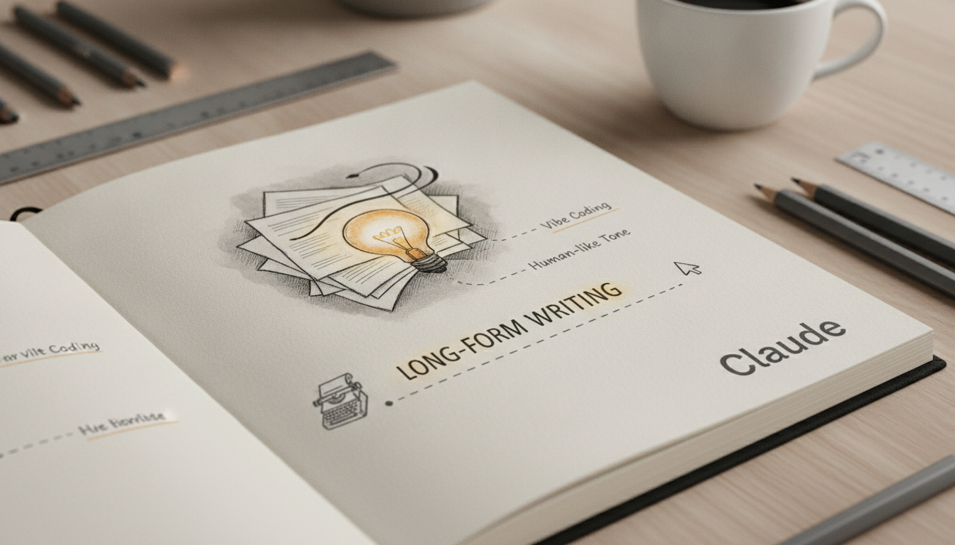 Sketch-style illustration of writing tools and creative AI concepts on cream paper.