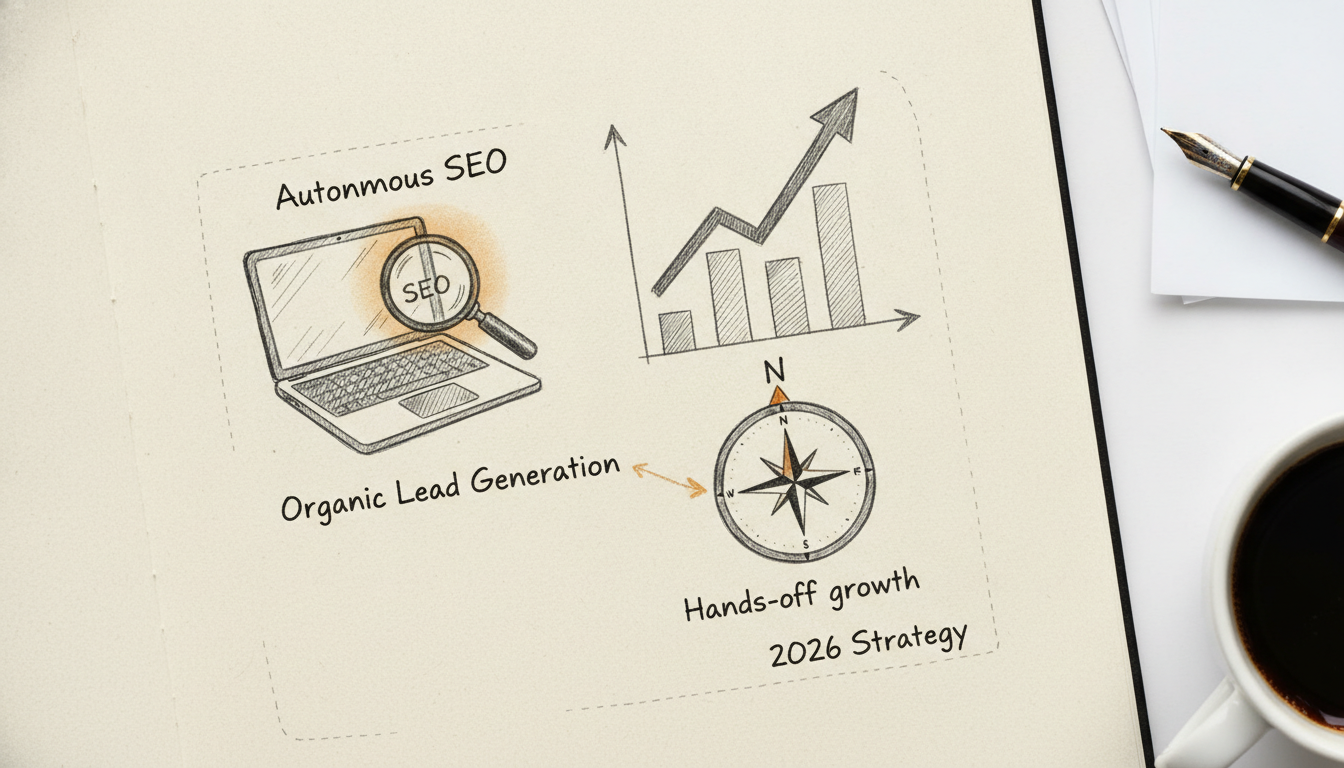 Sketch illustration of autonomous SEO and organic growth concepts for small businesses.