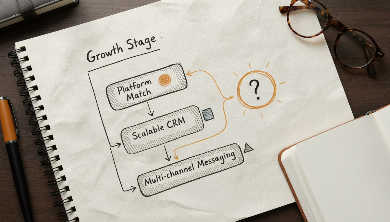 A hand-drawn checklist and flow chart for choosing a marketing platform based on business growth stage.