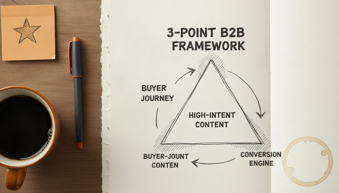 A hand-drawn sketch of a 3-point B2B framework for lead generation on a notebook page.