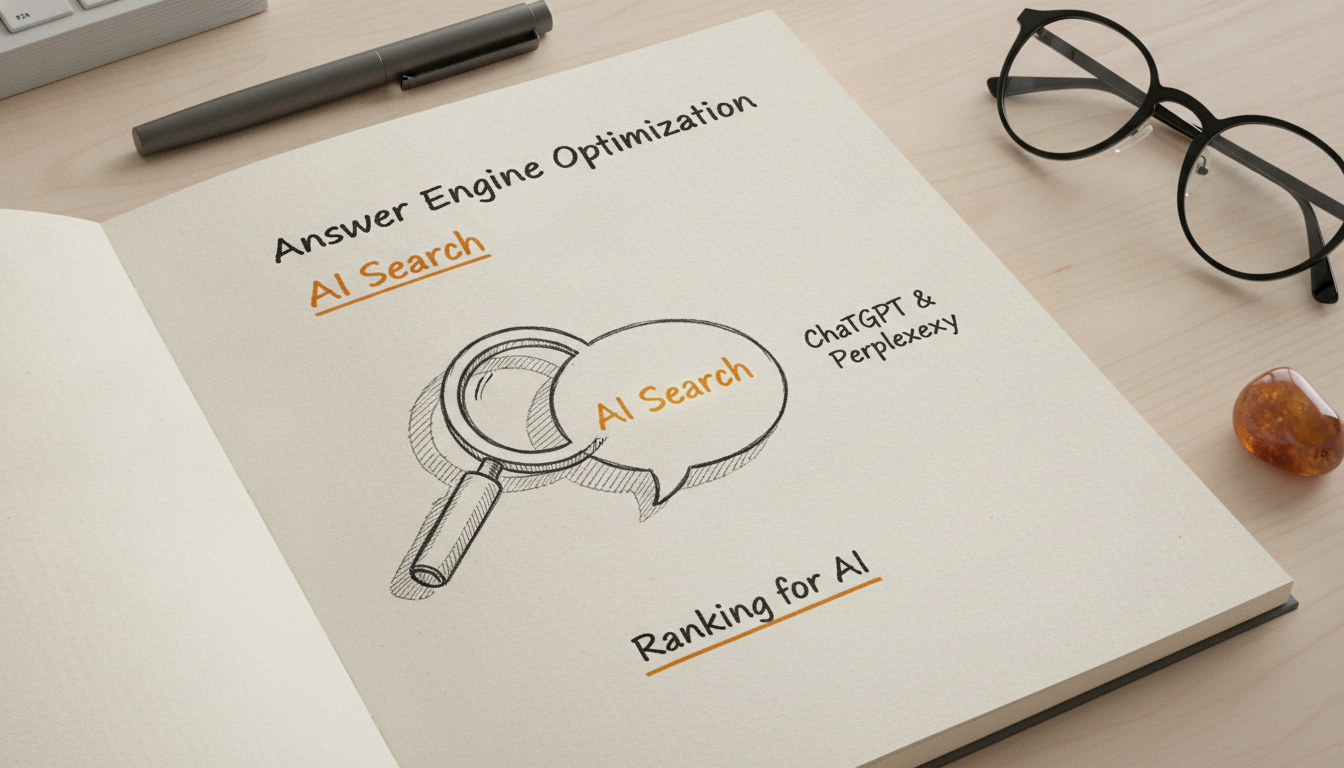 A pen-and-ink sketch illustrating Answer Engine Optimization and AI search concepts.
