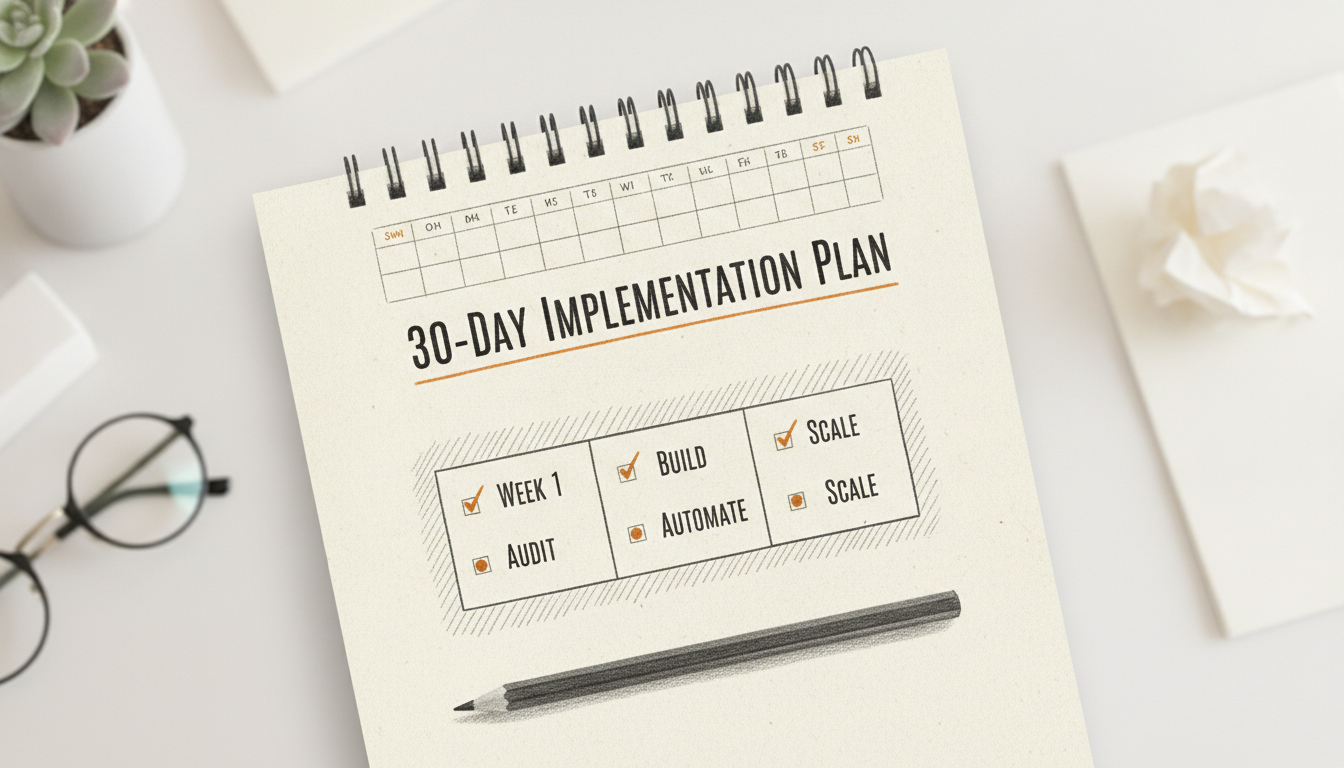 A hand-drawn 30-day implementation plan calendar for lead generation systems.