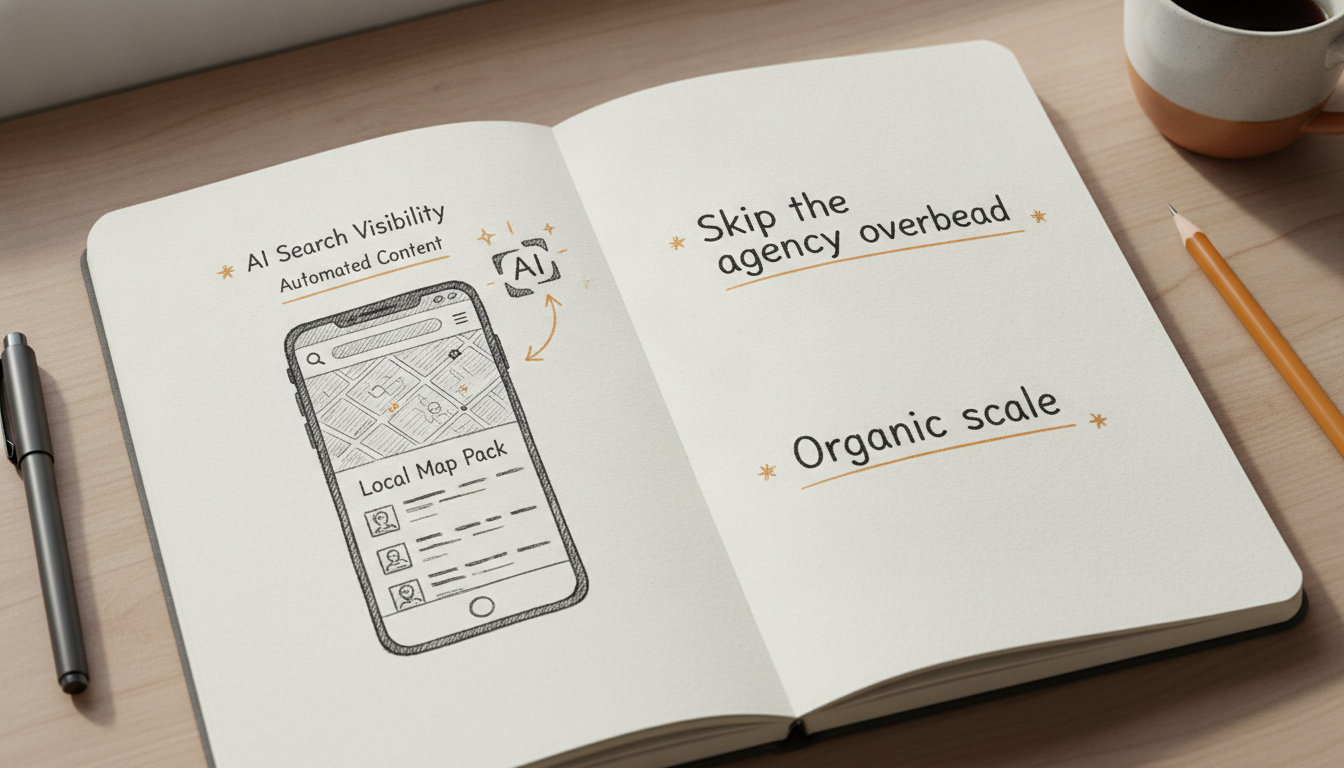 Sketch illustration of AI search visibility and automated content concepts.