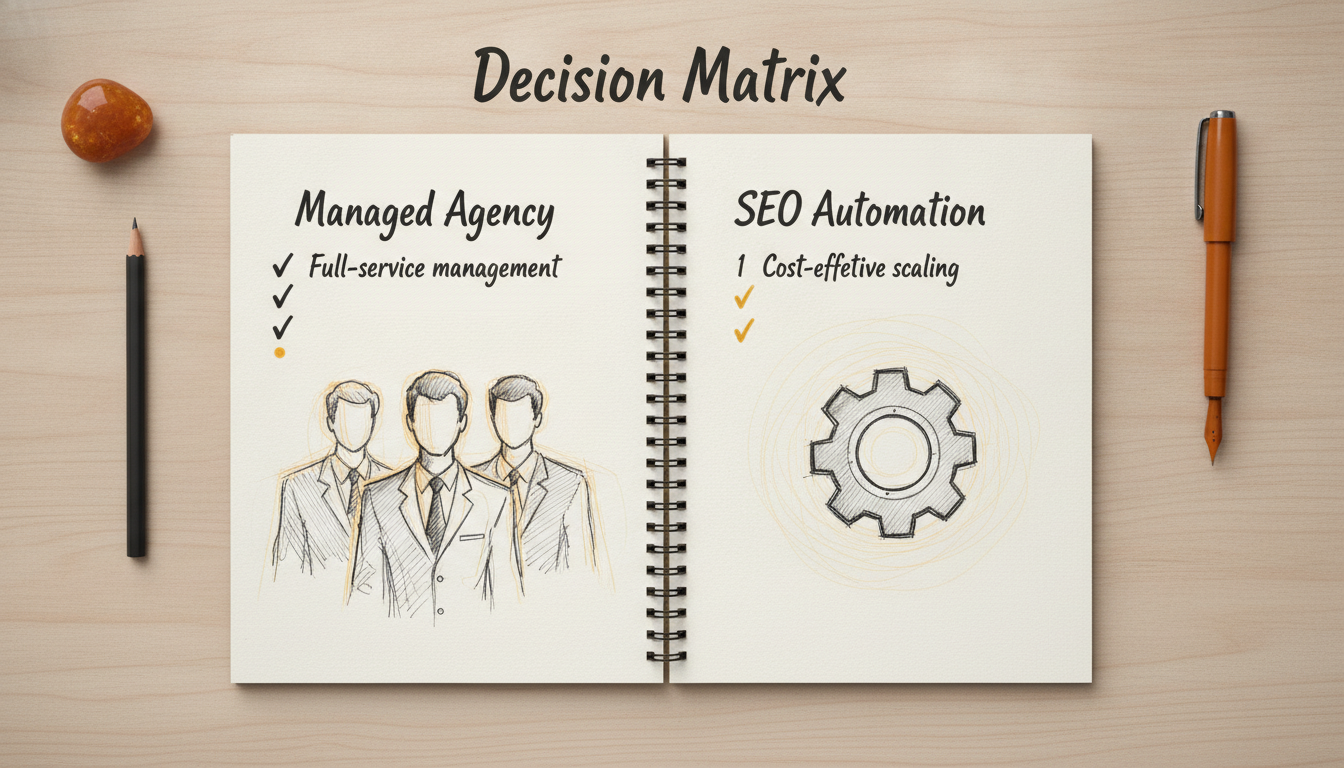 Sketch comparison between managed SEO agencies and automation platforms in a notebook.