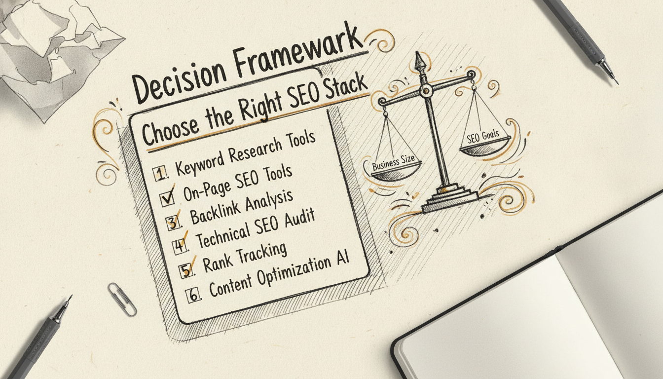 Sketch of a decision-making framework for choosing SEO tools with a checklist and balance scale on cream paper.