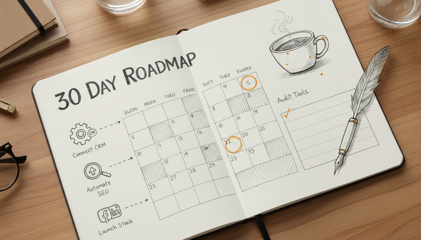 A hand-drawn notebook sketch showing a 30-day plan to build a digital marketing stack.