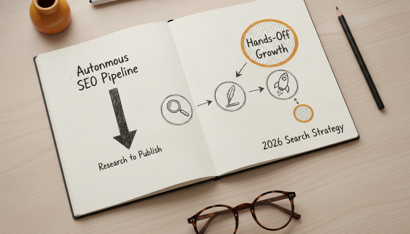A hand-drawn sketch illustrating an autonomous SEO workflow from research to publishing.
