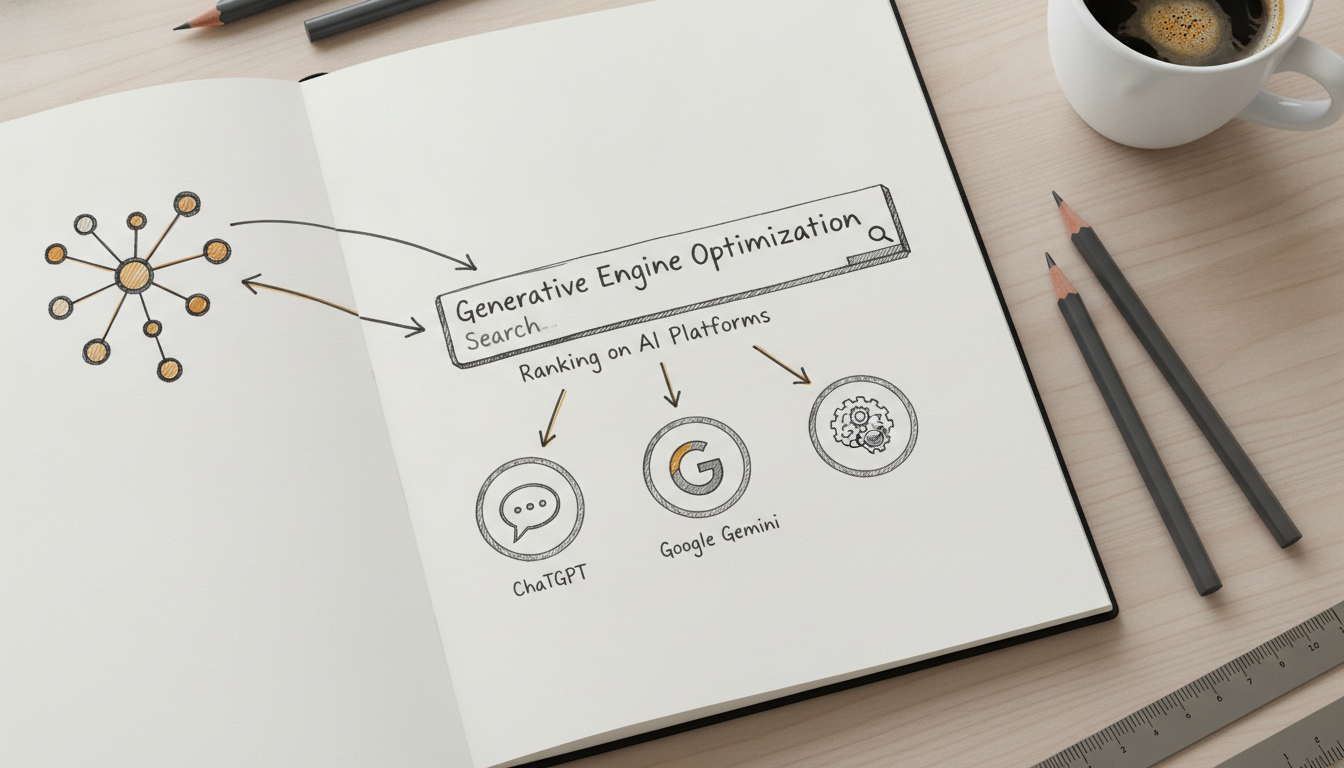 Sketch illustration showing the connection between content and AI platforms like ChatGPT and Gemini for GEO.