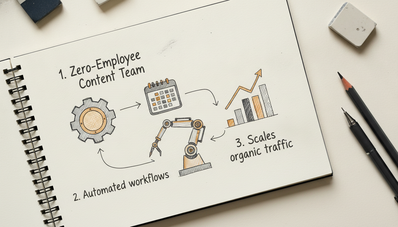 Hand-drawn infographic of an automated content creation workflow for small businesses.