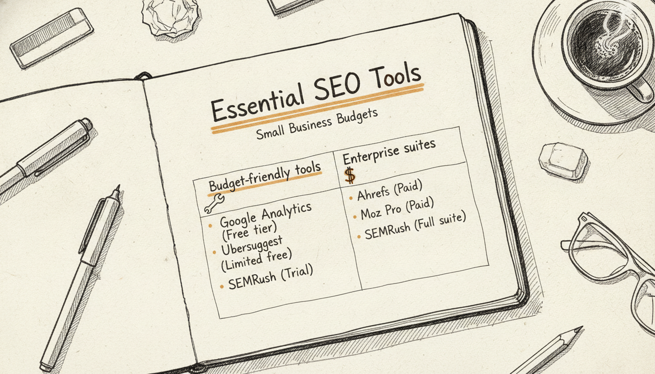Sketch-style comparison of SEO tools for small business budgets on a notebook page.