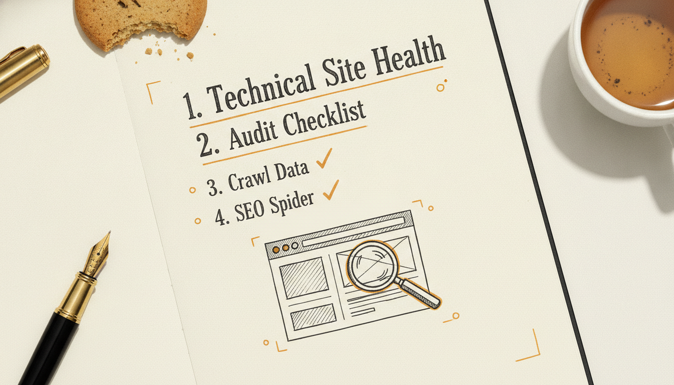 A sketch-style illustration of a technical SEO audit checklist and website wireframe.