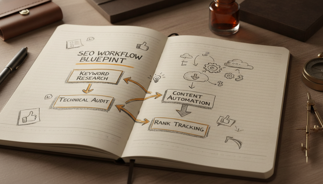 A hand-drawn blueprint showing a step-by-step free SEO workflow for startups.