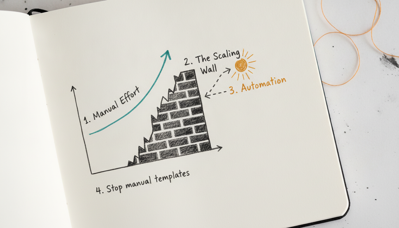 Hand-drawn infographic showing the transition from manual Google Docs templates to automation.