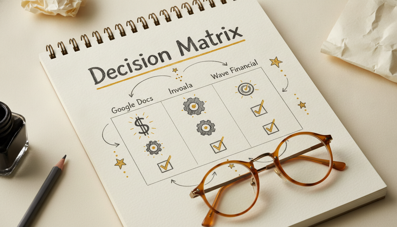 Hand-drawn decision matrix comparing Google Docs, Invoala, and Wave Financial.